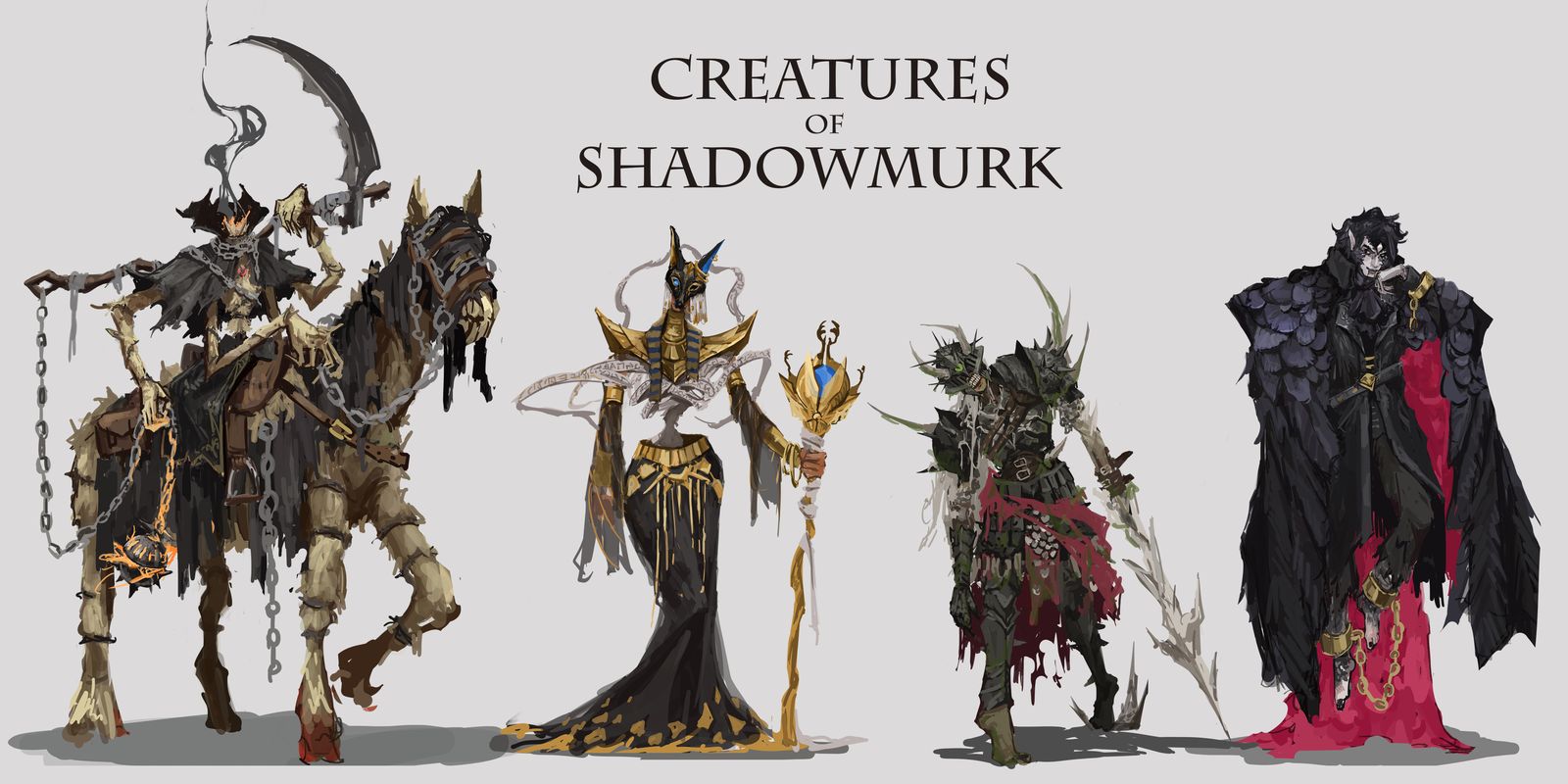 Character lineup of the four monsters: the Headless Horseman on a skeletal horse, the jackal-masked Pharaoh with a golden staff, the spiked Zombie Knight, and the Vampire Lord in a feathered black cloak.