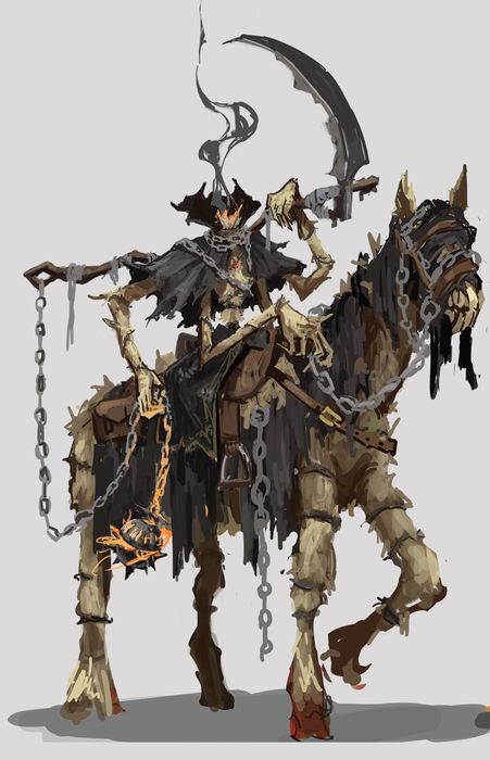 The Headless Horseman holding a scythe, riding a skeletal horse draped in chains