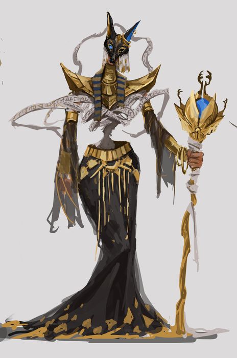 The Pharaoh in a jackal mask and black and gold robes, holding a golden staff topped with a blue gem