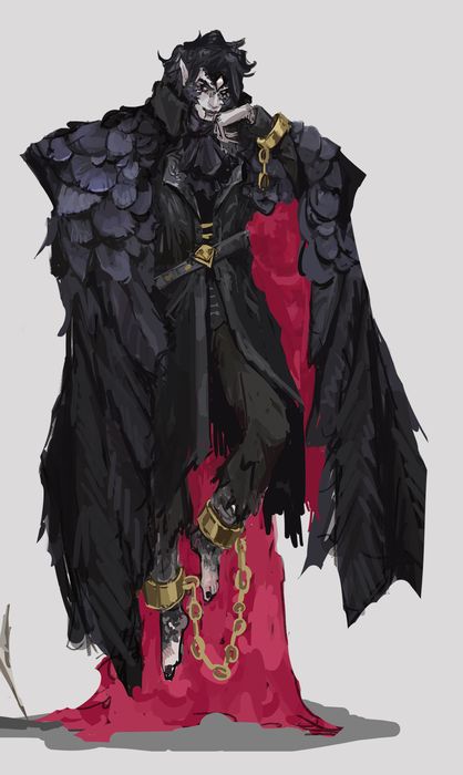 The Vampire Lord, pale and dark-haired, wrapped in a huge black feathered cloak over crimson robes