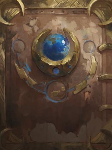 Book of Thoth card art: An ornate bronze book cover set with a glowing blue orb and a golden crescent
