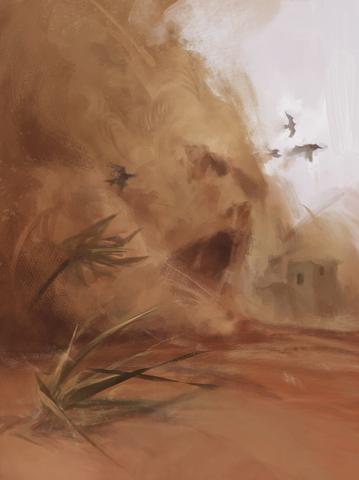 Sand Storm card art: A towering sandstorm sweeping across the desert