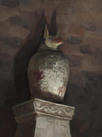 Cursed Canopic Jar card art: A jackal-headed canopic jar on a stone pedestal in a dim tomb
