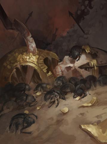 Scarab Feast card art: A swarm of scarabs pouring over golden treasure