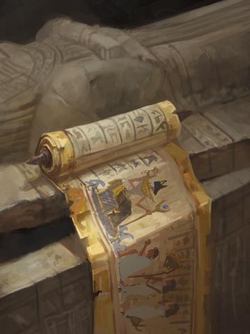 Scroll of the Deathless Pharaoh card art: An unrolled golden scroll on an ancient stone sarcophagus