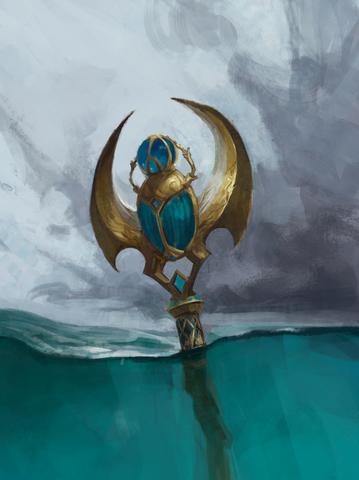Staff of the Nile card art: A golden staff crowned with a blue gem rising over turquoise water
