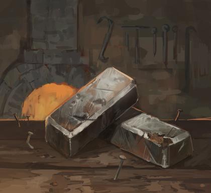 Metal resource: iron ingots on a forge table