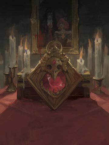 Amulet of Vampirism card art: A golden amulet with a red heart-shaped gem on a candlelit altar