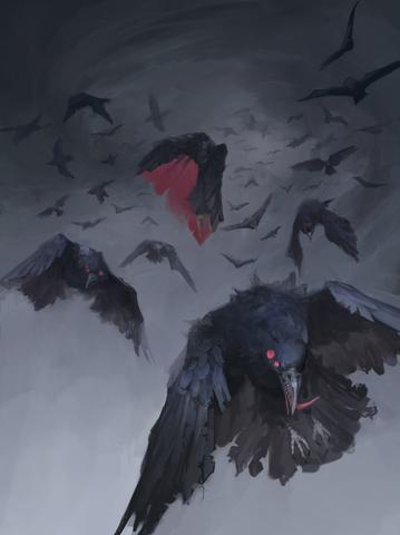 Crow Swarm card art: A swarm of black crows bursting across a grey sky