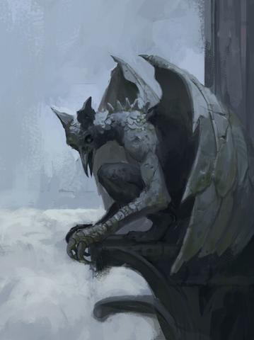 Gargoyle Summon card art: A winged stone gargoyle crouched on a snowy ledge