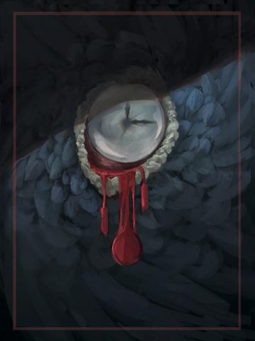 Master of Time card art: A clock face dripping red against black feathers