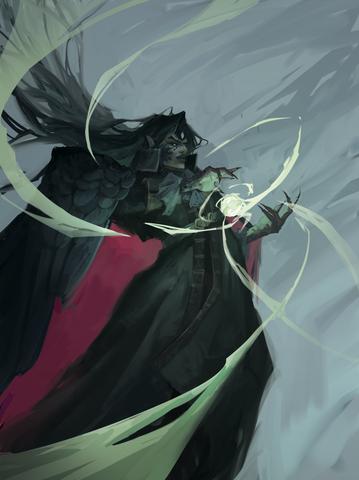 Tempest Call card art: A cloaked figure summoning swirling green winds
